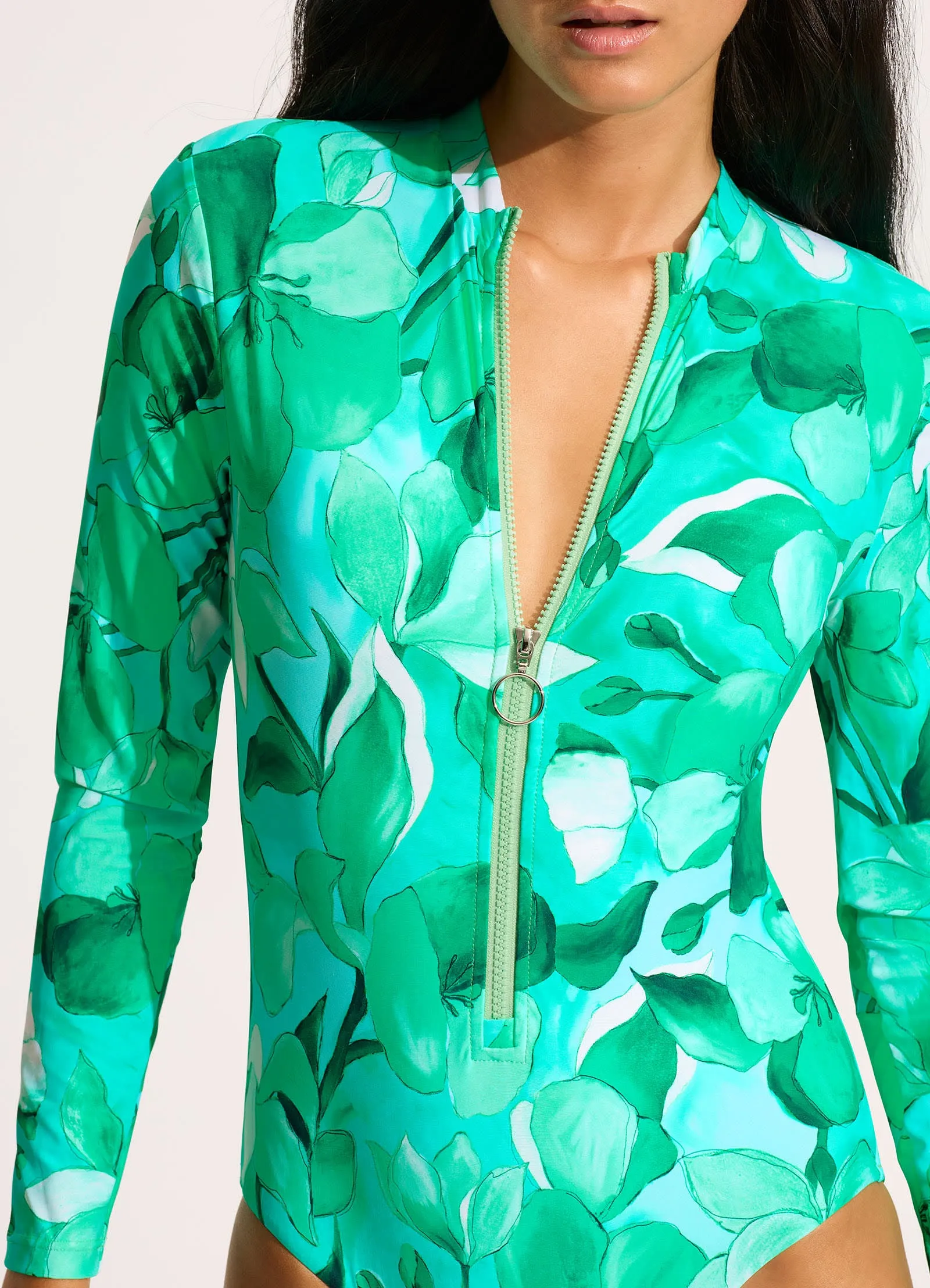 Shade Enhanced Collar Tropical Resort Secret Garden Zip Front Surf Suit - Jade
