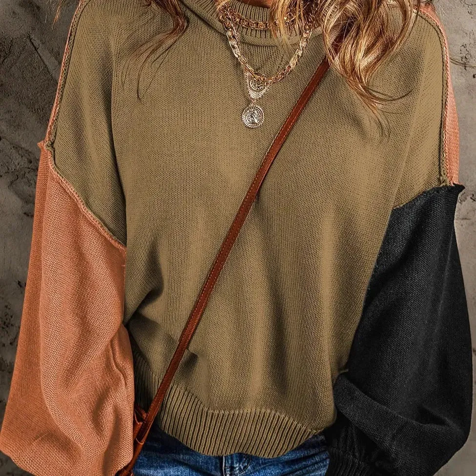 Women's Colorblock Bishop Sleeve Sweater in Green Seasonal Comfort