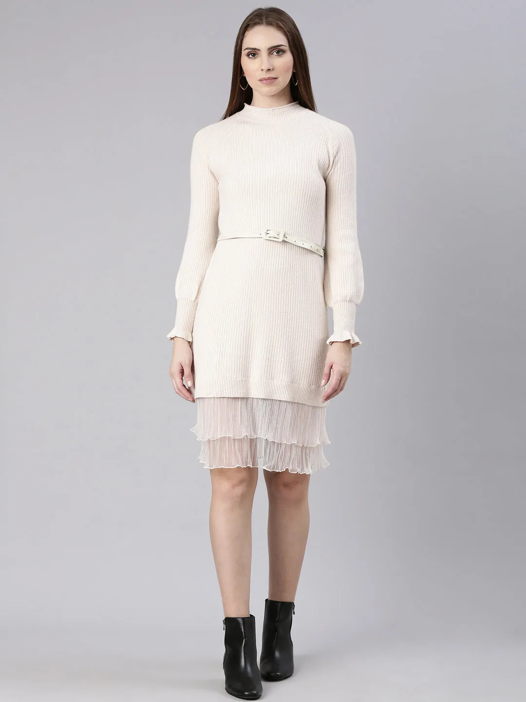 Clean Edge BreathableLining Women's Cream Solid Bodycon Dress