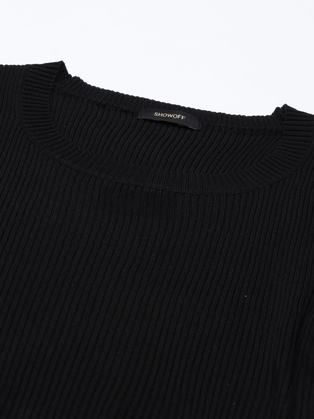 Women's Black Round Neck Puff Sleeve Acrylic Crop Top Teenager fashion Trendy Basics