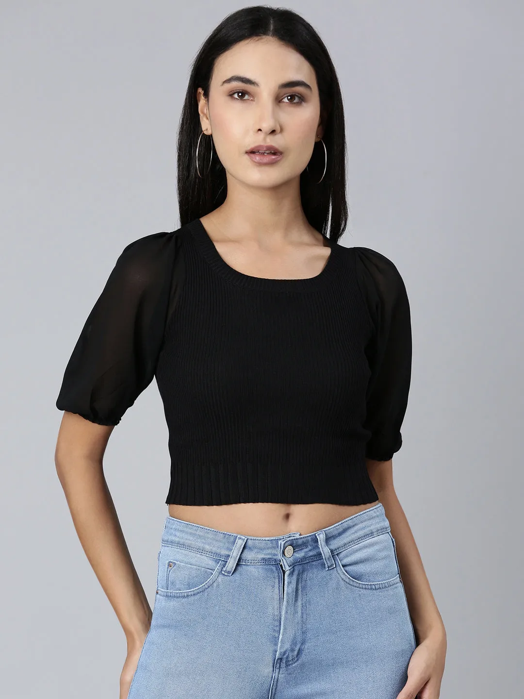Women's Black Round Neck Puff Sleeve Acrylic Crop Top Cozy Feeling