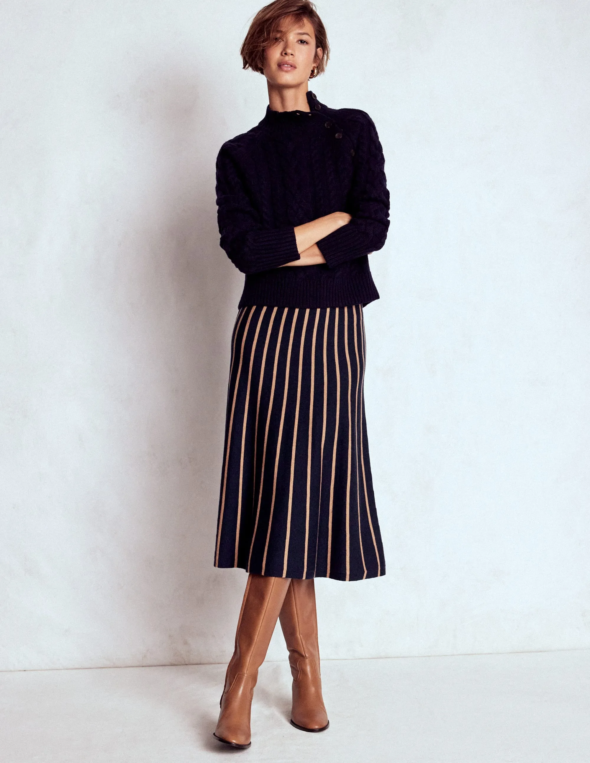 Liz Knitted Midi Skirt-Navy and Camel Stripe Daily Favorite