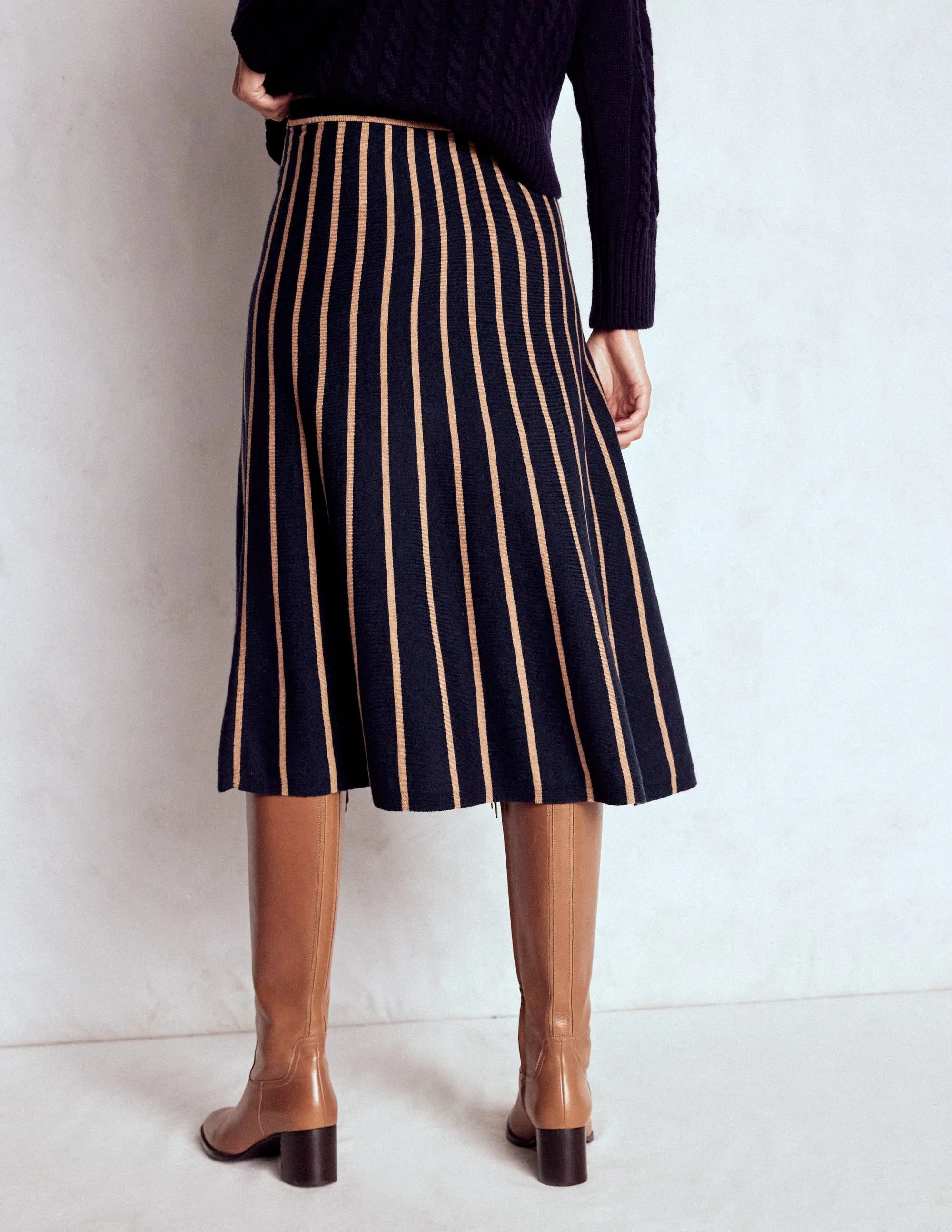 Layered Look Liz Knitted Midi Skirt-Navy and Camel Stripe