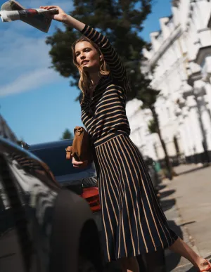 Travel Ease Liz Knitted Midi Skirt-Navy and Camel Stripe