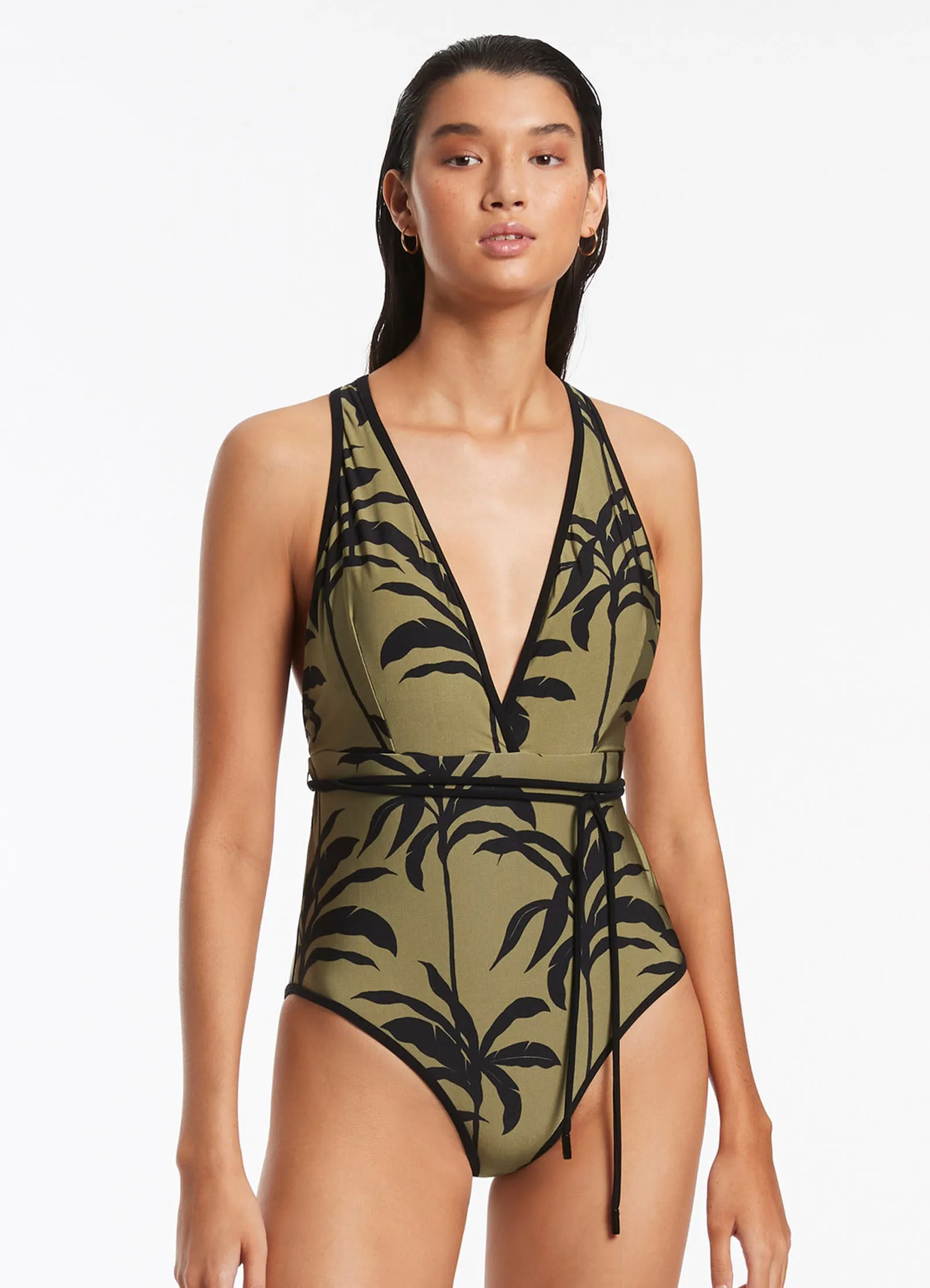 Laser Cut Perforations Metallic Accent Palme Plunge One Piece - Olive