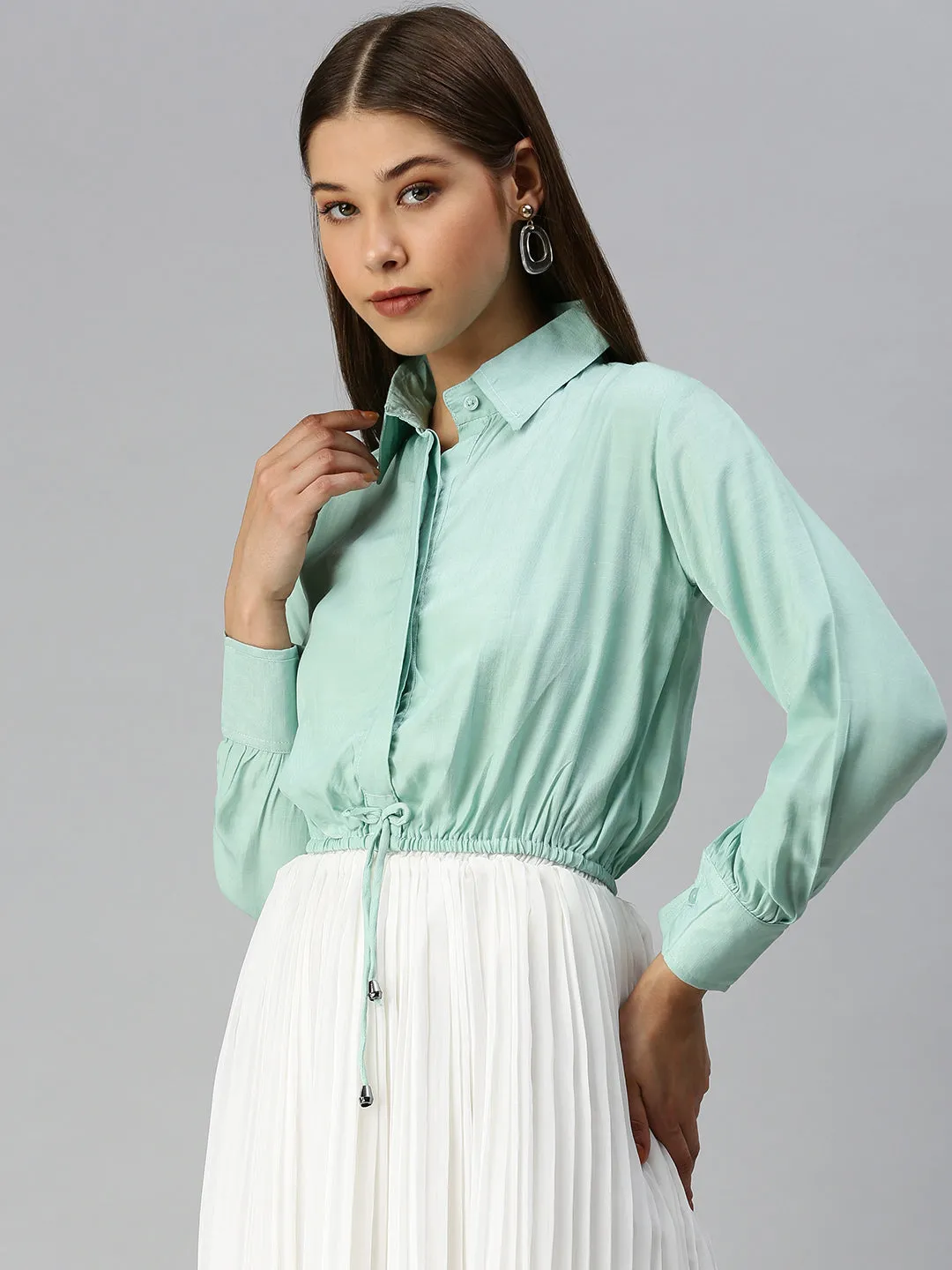 Comfortable Women's Sea Green Striped Shirt Style Top