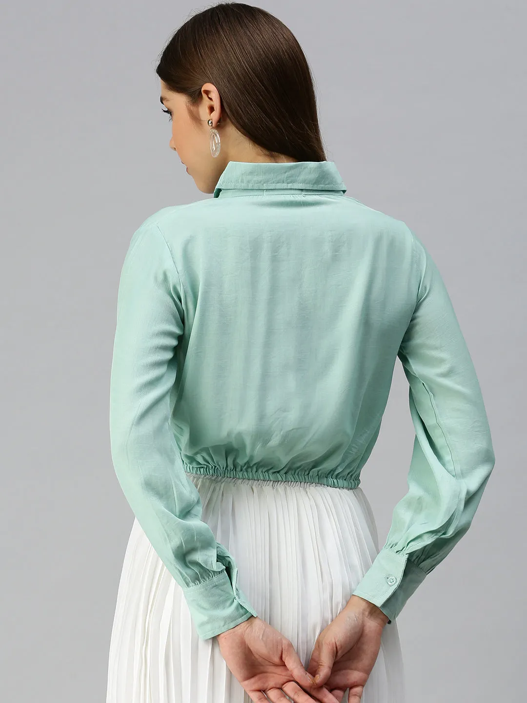 Comfy Waistband Double Stitched Hem Women's Sea Green Striped Shirt Style Top