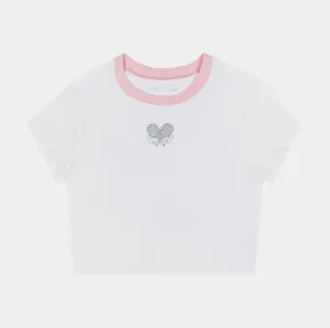 Tennis Baby Tee Womens Short Sleeve Shirt (White/Pink) DoubleStitched Relaxed Style
