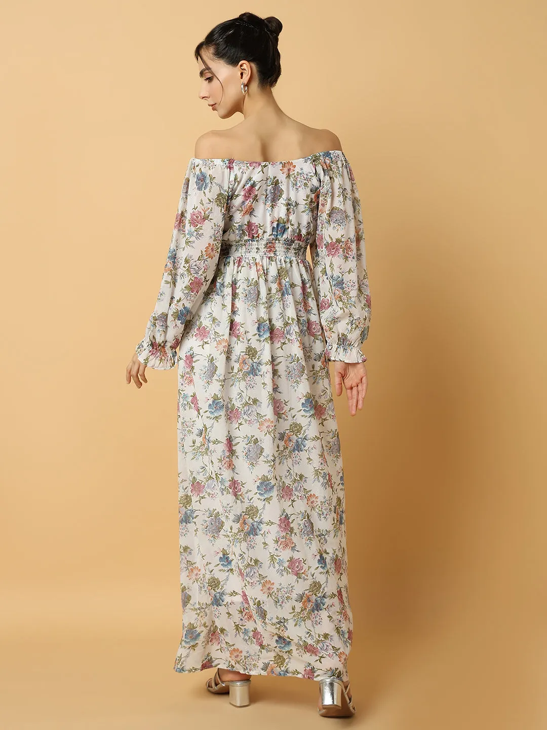 Women's Floral White Maxi Fit and Flare Dress Silky-Lining Muted Tones