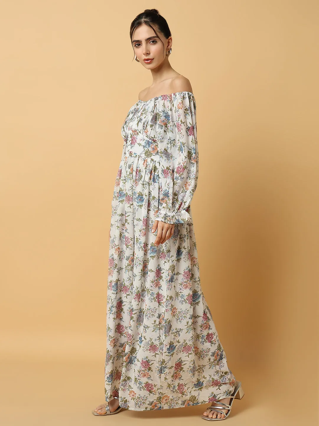 Women's Floral White Maxi Fit and Flare Dress Fashionable Layer Perfect Style