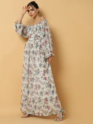 Elegant Mood Polite Color Women's Floral White Maxi Fit and Flare Dress
