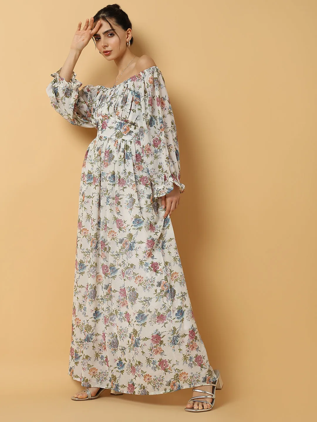 Elegant Mood Polite Color Women's Floral White Maxi Fit and Flare Dress