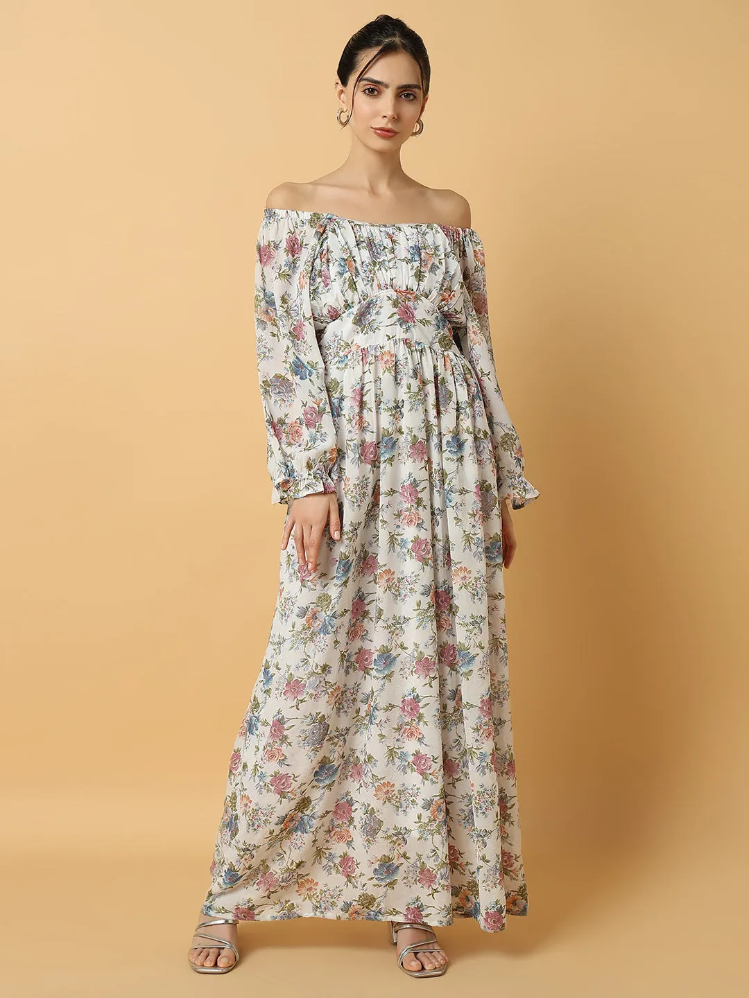 Women's Floral White Maxi Fit and Flare Dress Dreamy Silhouette Versatile Cut
