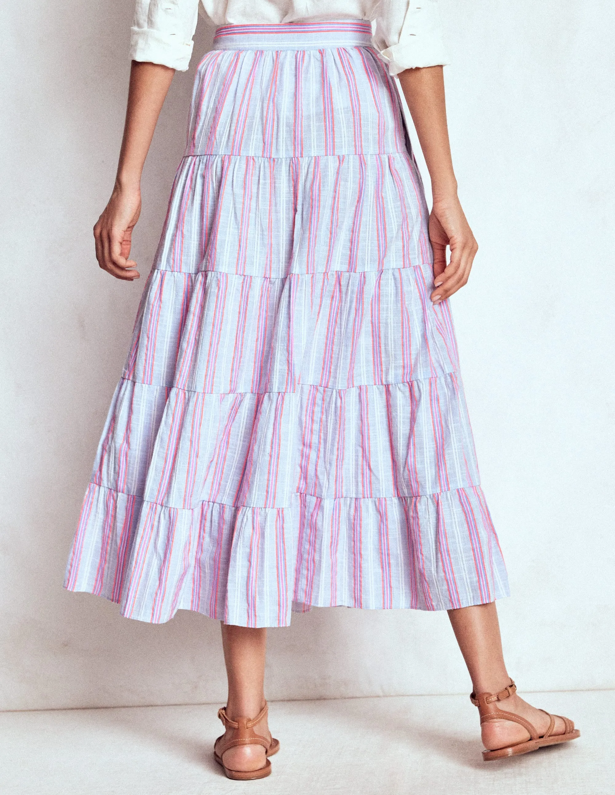 Exclusive Drop Tiered Poplin Midi Skirt-Metallic Stripe