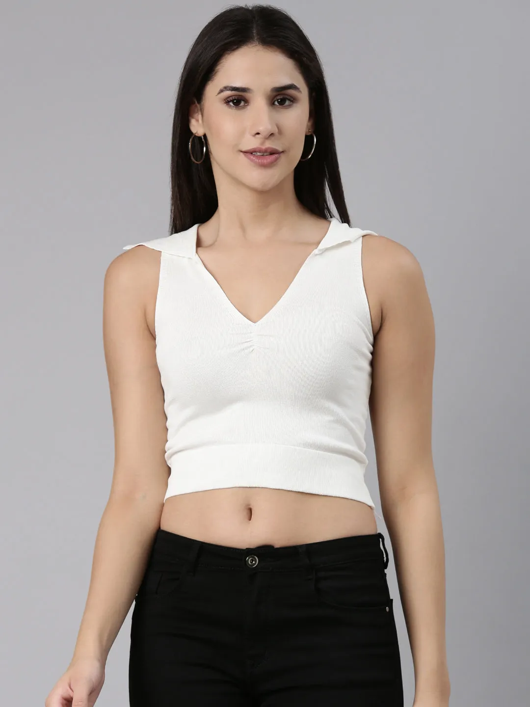Women's Above the Keyboard Collar Solid White Fitted Crop Top Soft Design