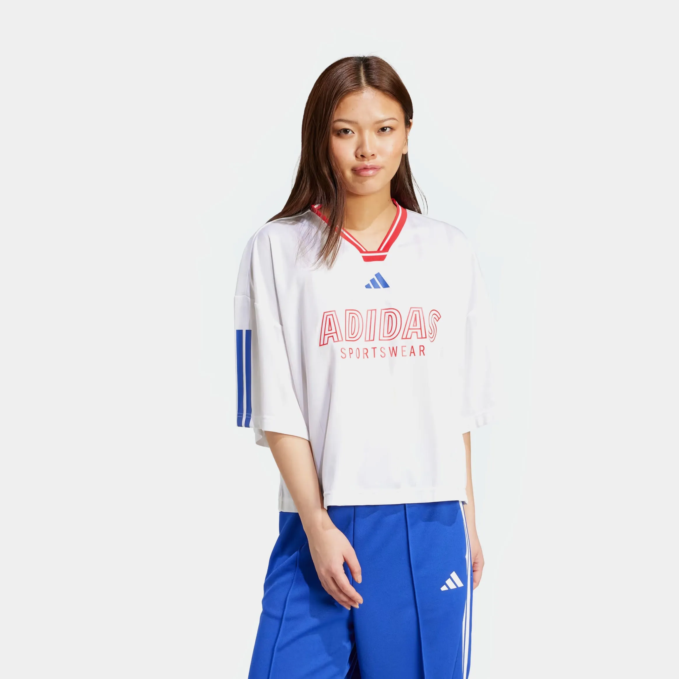 Tiro Nations Boyfriend Womens Short Sleeve Shirt (White/Pure Ruby/Semi Lucid Blue) Bead Soul PressureRelief Seams