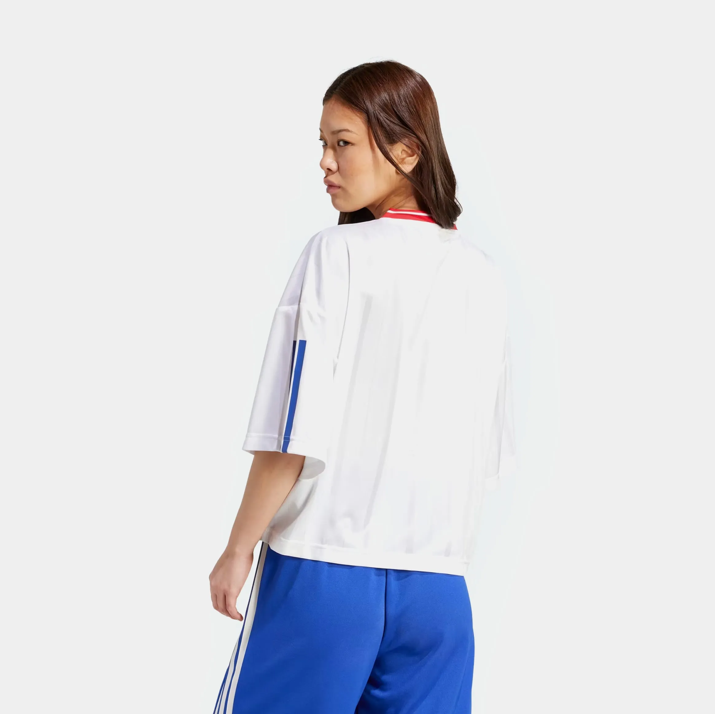 Breathable Style AntiFadeTechnology Tiro Nations Boyfriend Womens Short Sleeve Shirt (White/Pure Ruby/Semi Lucid Blue)