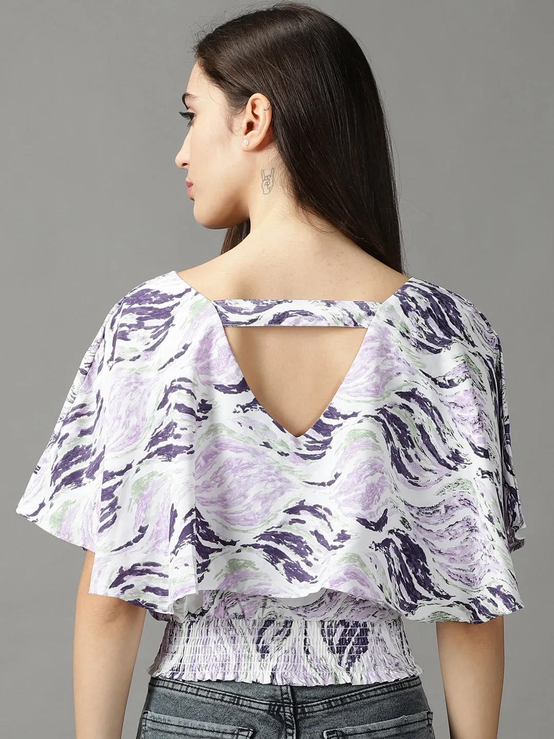 Women's Purple Print Crepe Blouson Top Sporty Comfort Wear Casual Chic Wear