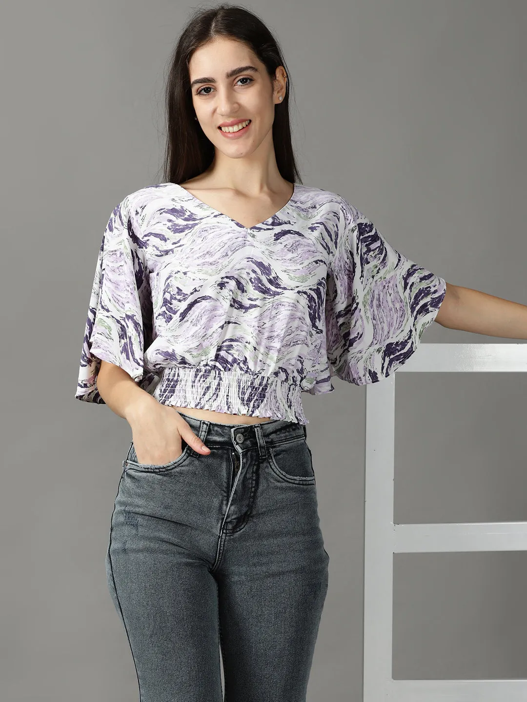 All-Day Wear Oversized Fit Women's Purple Print Crepe Blouson Top