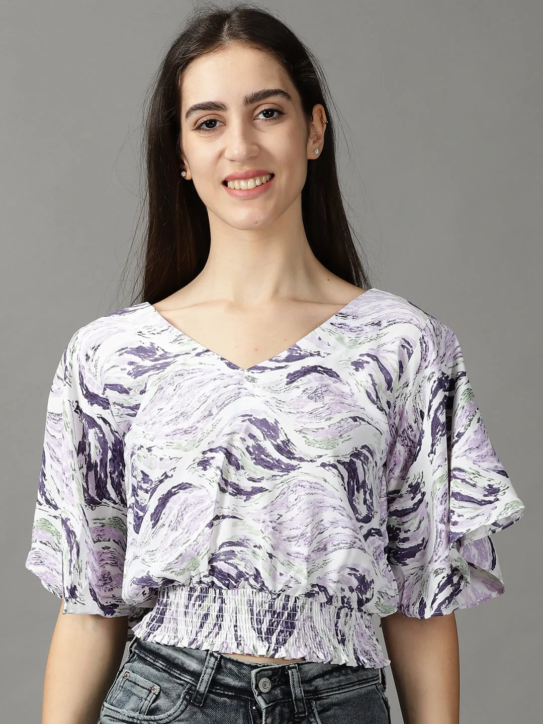 Adjustable Hem Women's Purple Print Crepe Blouson Top