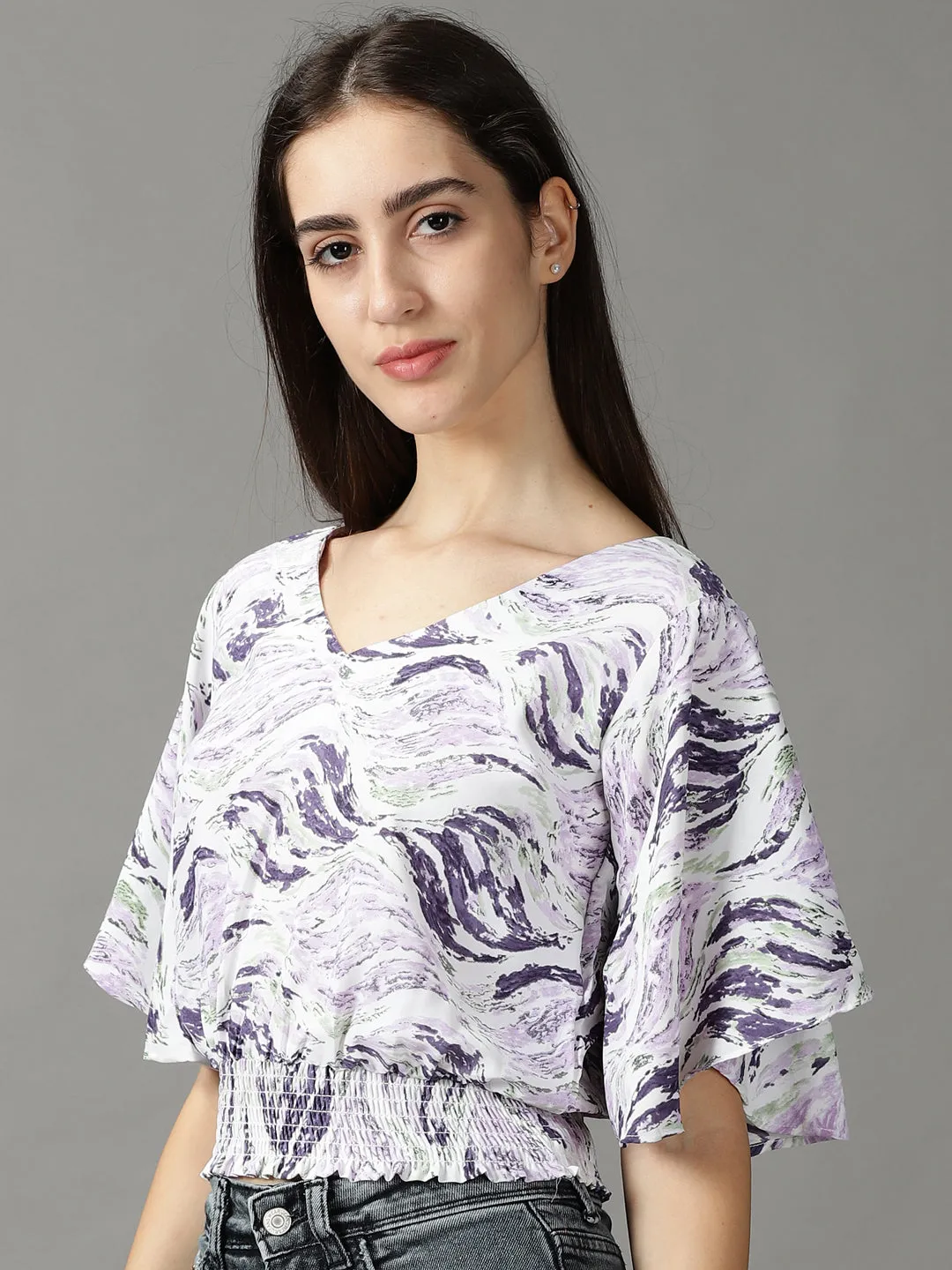 Women's Purple Print Crepe Blouson Top Smart Wear Comfortable Stretch