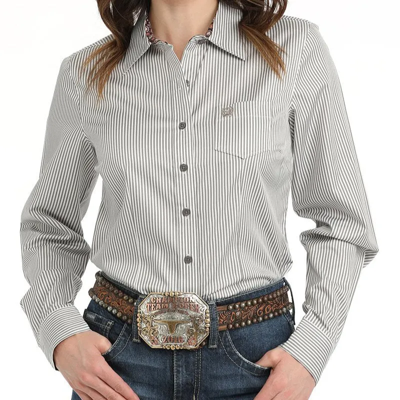 Cinch Women's L/S Tencel Striped Western Button Down Shirt in Grey Curved Hemline Airflow Ventilation System