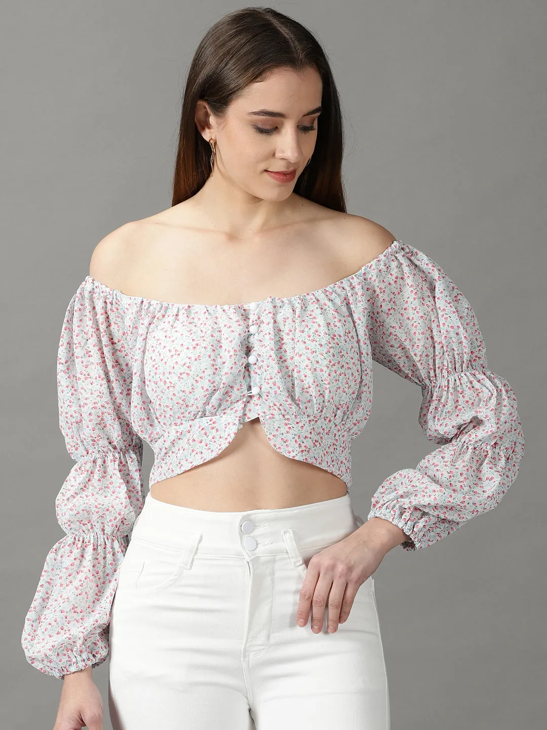 Women's White Floral Print Off-Shoulder Chiffon Bardot Crop Top Timeless Design