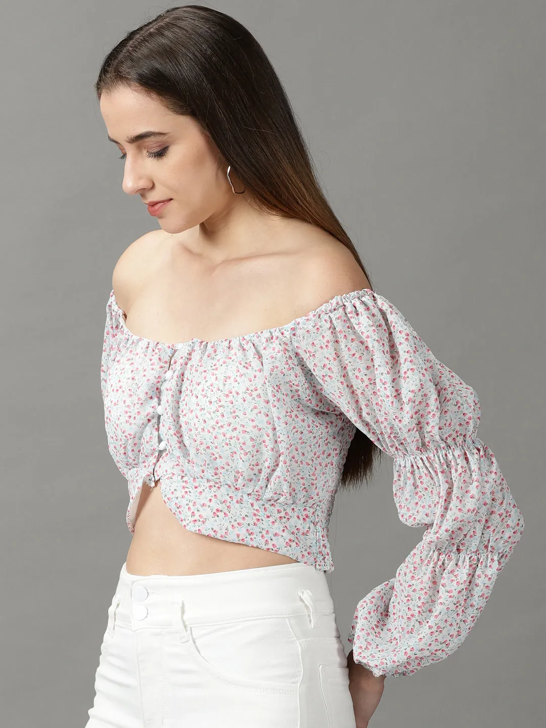 Seasonal Layering Eco Friendly Dyes Women's White Floral Print Off-Shoulder Chiffon Bardot Crop Top