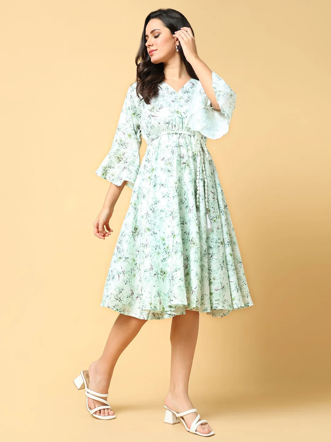 Chill Moment Women's Green Floral Print Bell Sleeve Fit & Flare Dress