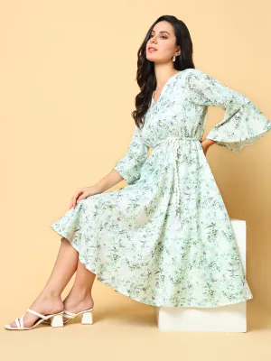 Breathable Design Women's Green Floral Print Bell Sleeve Fit & Flare Dress