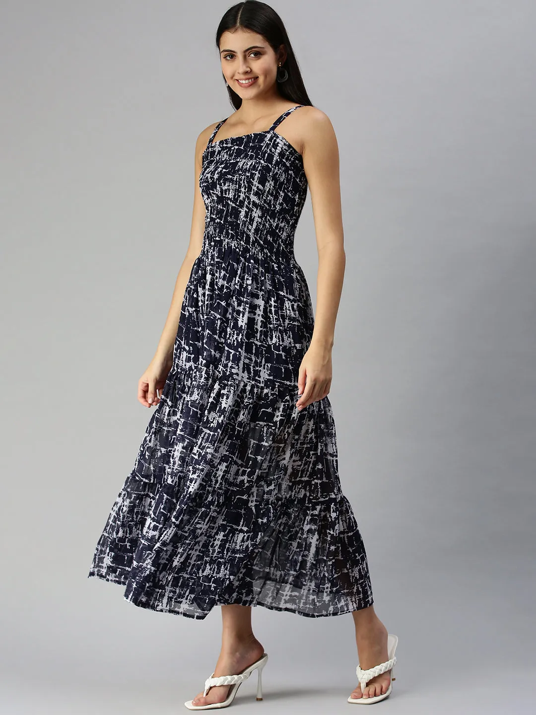 Feminine Line Cotton-Blend Women's Navy Blue Chiffon Maxi Dress