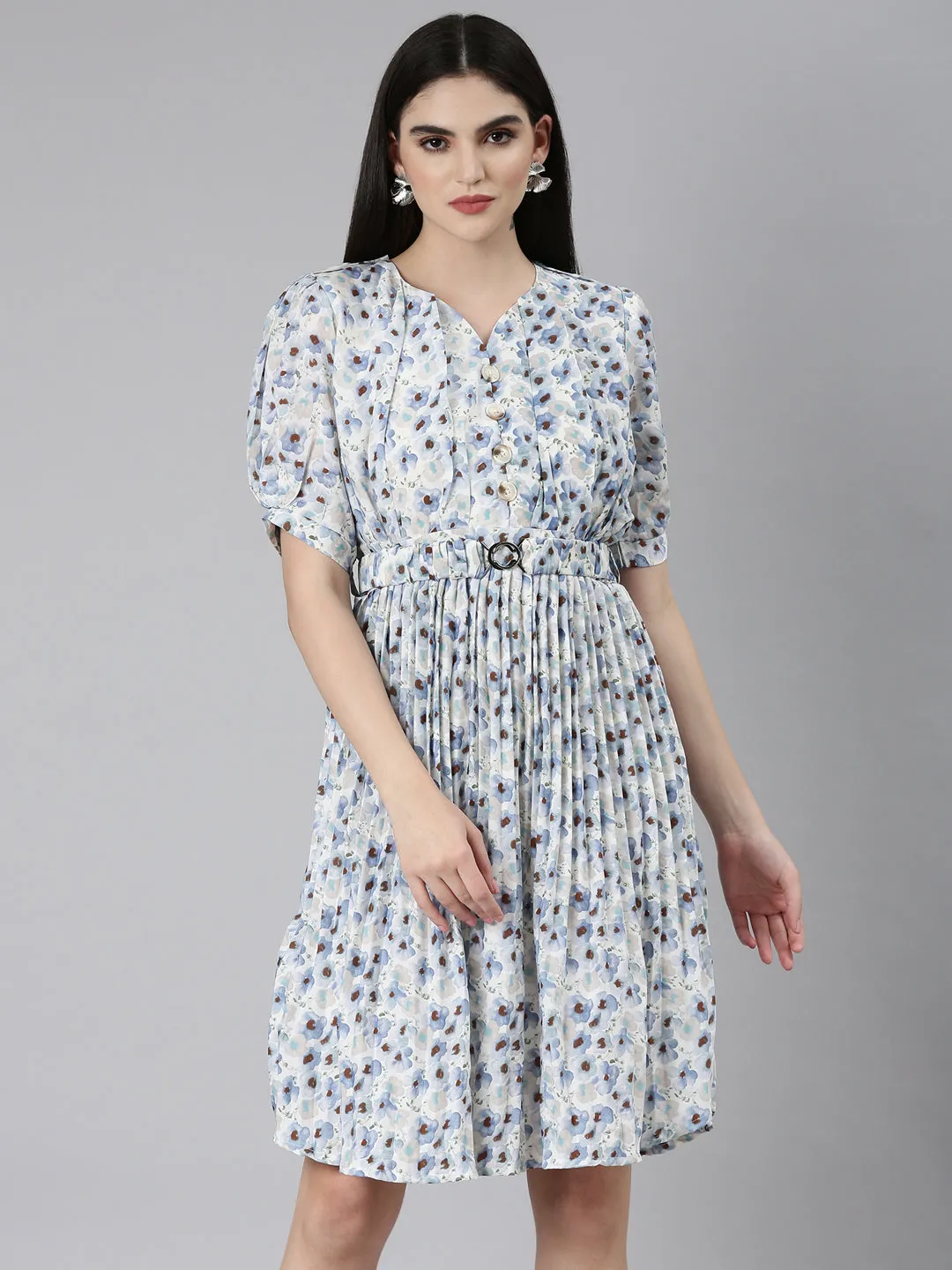 Women's Blue Floral Printed Sweetheart Neck Puff Sleeves Fit and Flare Dress Signature-Style
