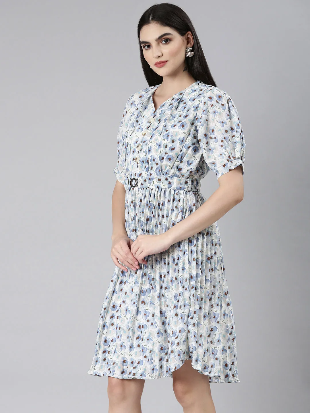 Casual day-to-night piece Relaxed Waistband Women's Blue Floral Printed Sweetheart Neck Puff Sleeves Fit and Flare Dress