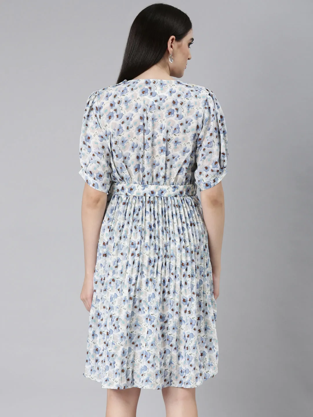 Women's Blue Floral Printed Sweetheart Neck Puff Sleeves Fit and Flare Dress Fashionable Comfort Wear Self Power