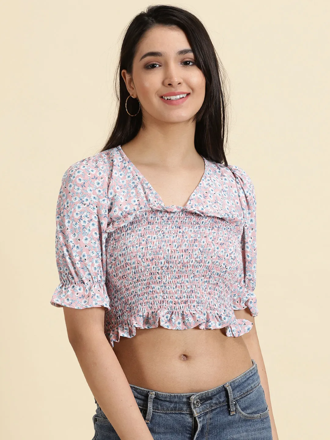 Women's Pink Floral Printed Cinched Waist Crop Top TemperatureControl Fabric Smart Layering