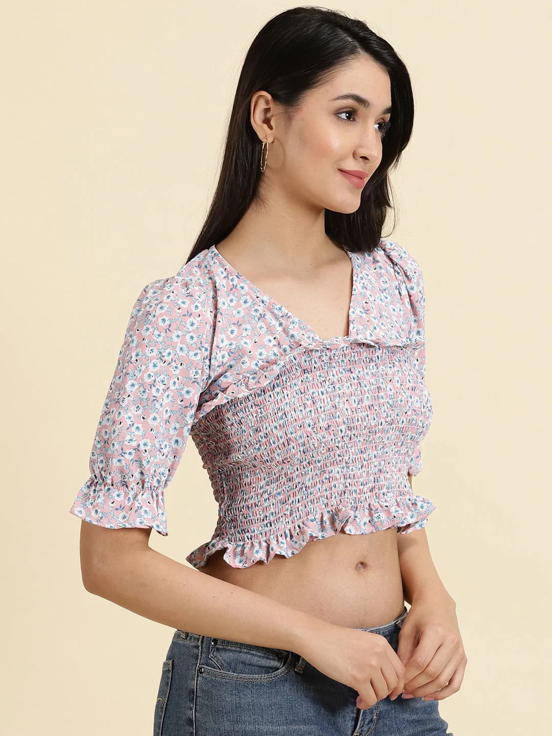 Women's Pink Floral Printed Cinched Waist Crop Top Quick Fit Design