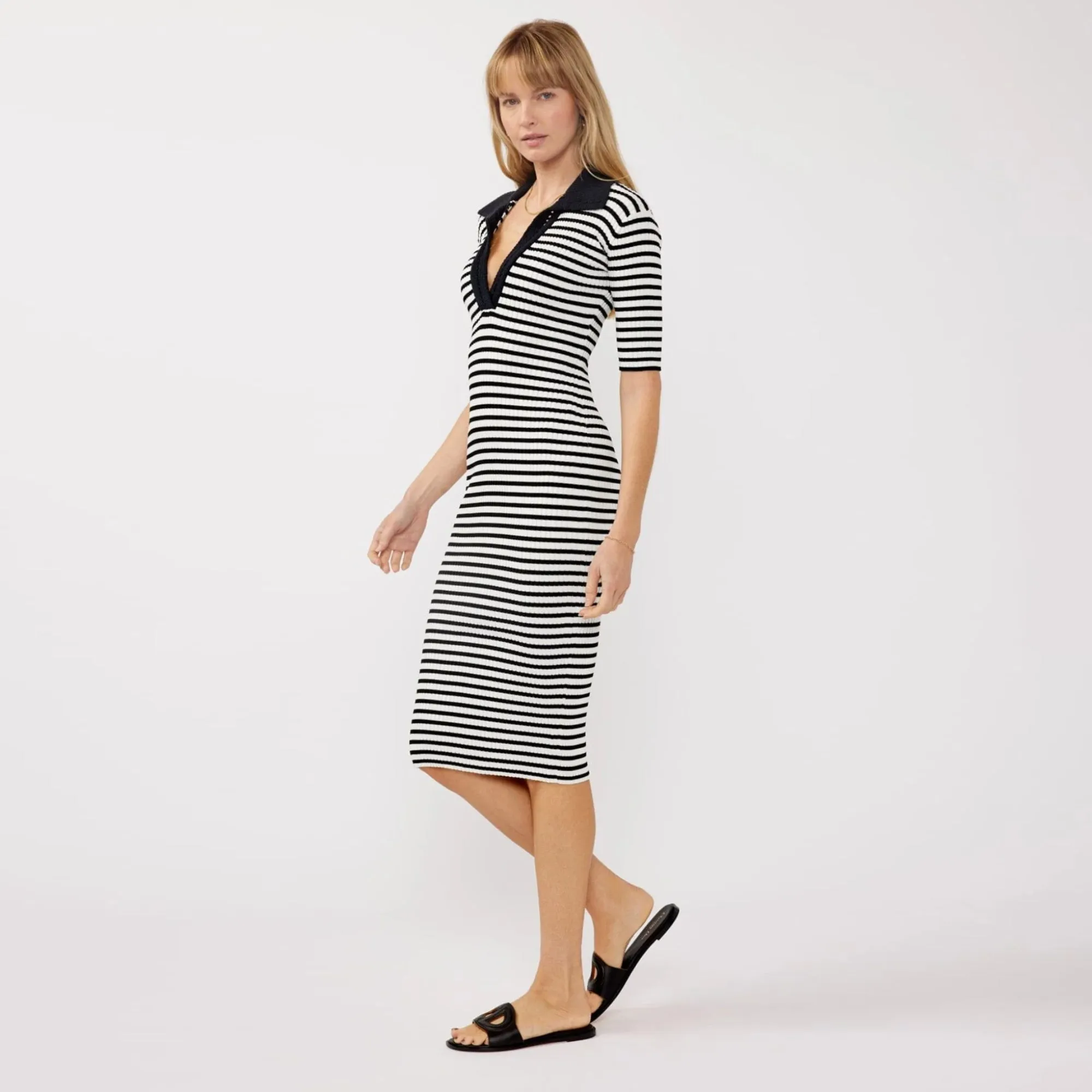 Mood Casual Ribbed Knit Stripe Dress with Crochet Collar (White   Black)