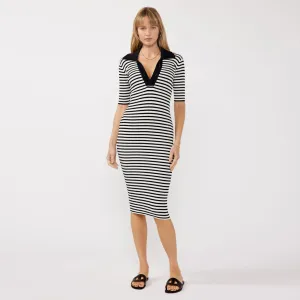 solo wear Ribbed Knit Stripe Dress with Crochet Collar (White   Black)