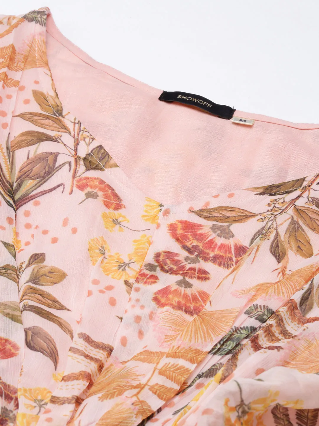 Women's Peach Floral Printed Kimono Sleeve V-Neck Belted Chiffon Maxi Dress Vibrant Waist