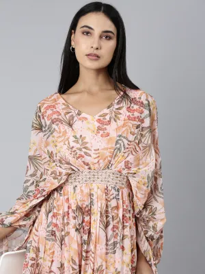 Women's Peach Floral Printed Kimono Sleeve V-Neck Belted Chiffon Maxi Dress Comfy Flex Lawn Soft