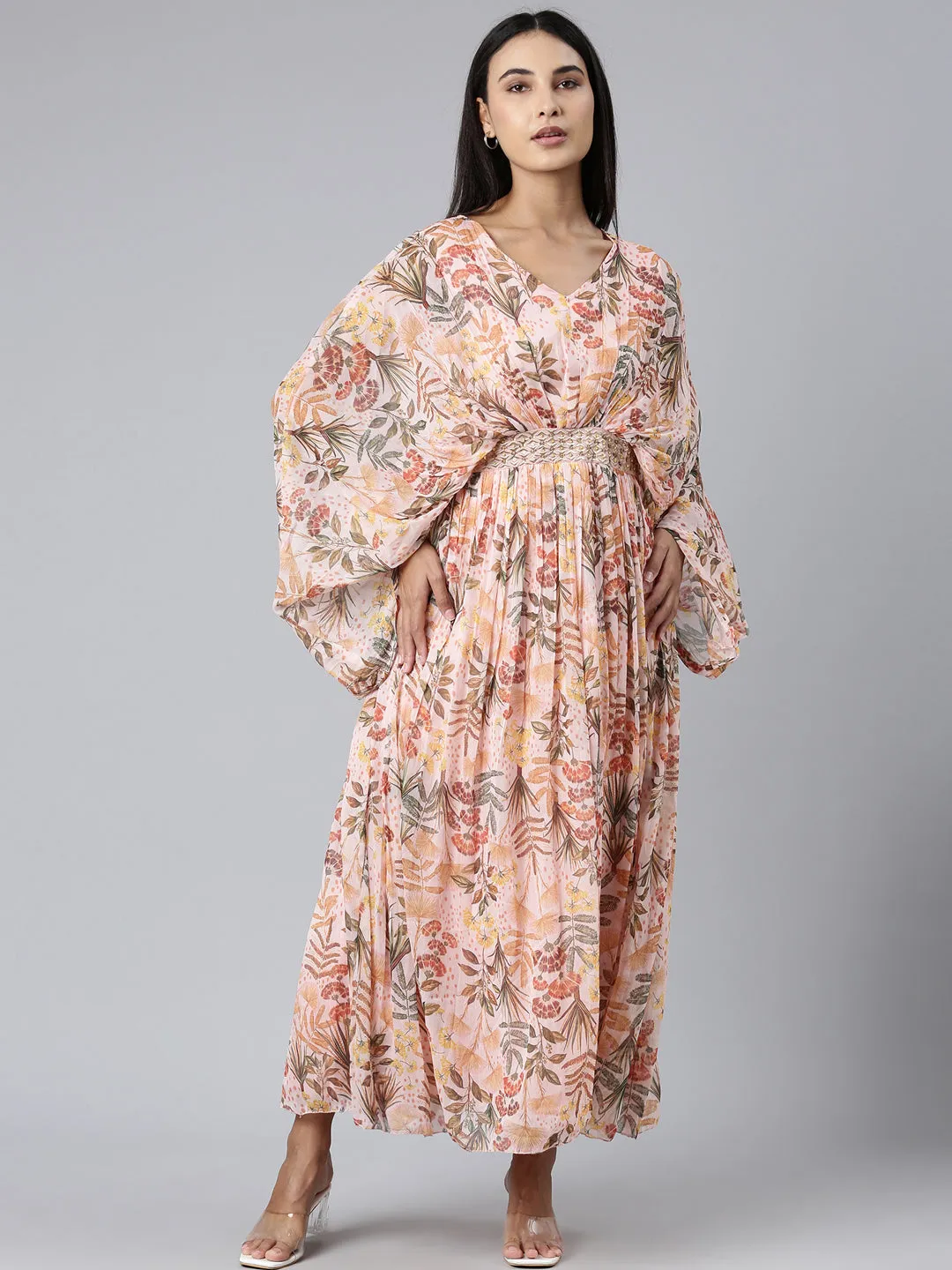 Women's Peach Floral Printed Kimono Sleeve V-Neck Belted Chiffon Maxi Dress Slimming Shape Motion Light