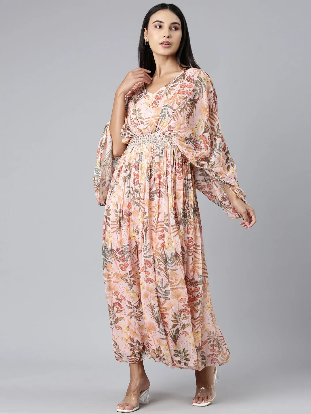 Front-Slit Women's Peach Floral Printed Kimono Sleeve V-Neck Belted Chiffon Maxi Dress