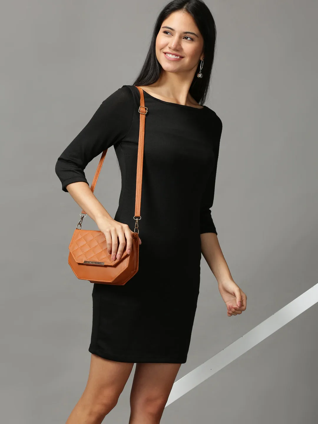 Women's Black Ethnic Sheath Dress Glossy Detail Polished Look