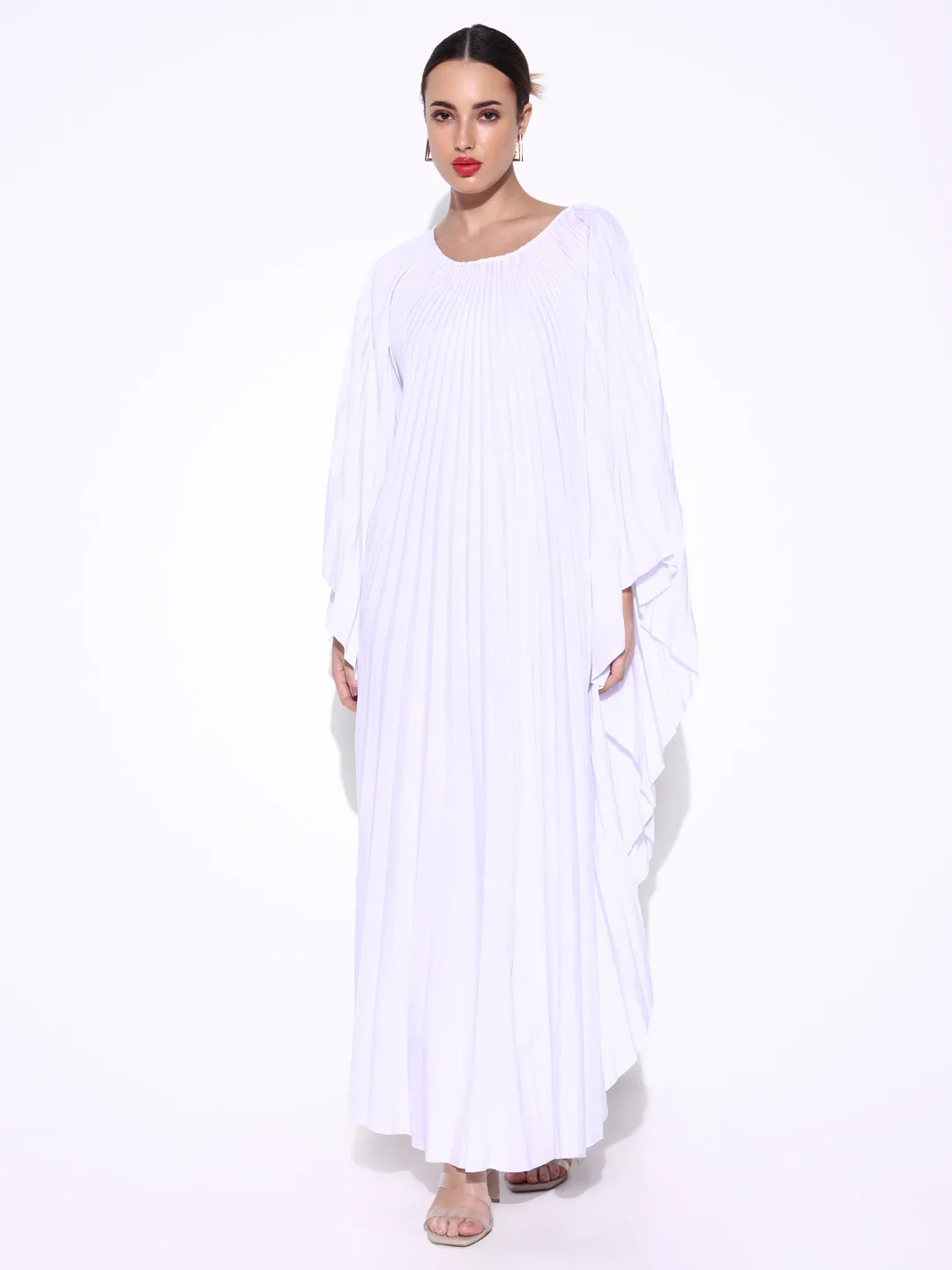 Women's Pleated White Butterfly Sleeves Kaftan Maxi Dress Delicate Tone Soft Cut