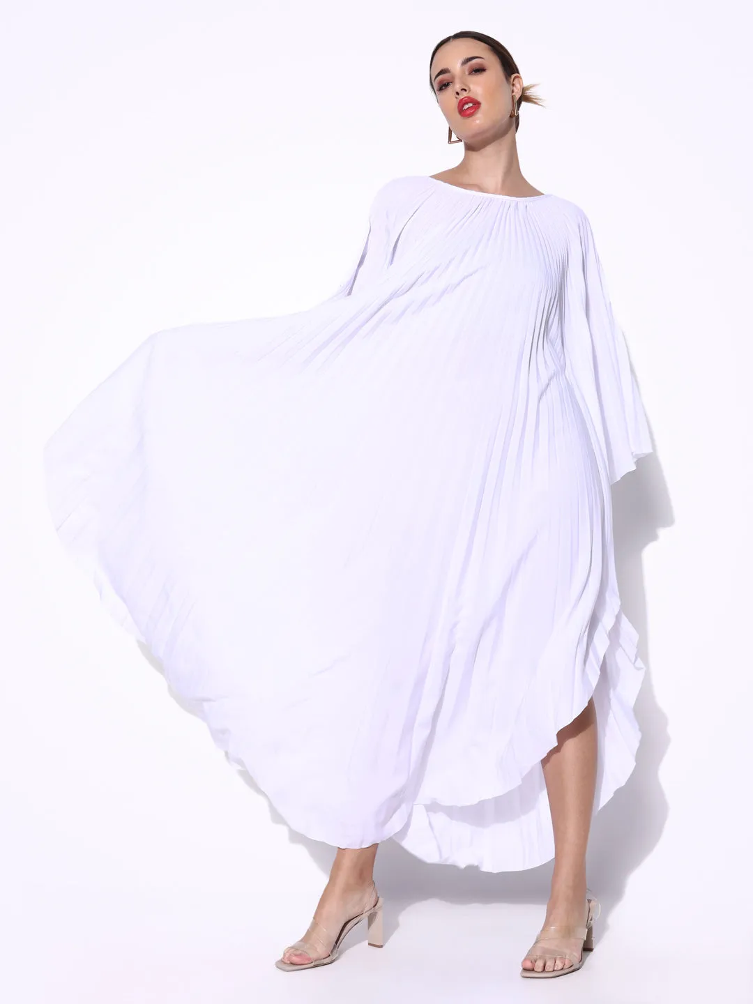 Relaxed Waist Brunch Glow Women's Pleated White Butterfly Sleeves Kaftan Maxi Dress