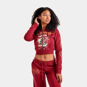 Amor Butterfly Full Zip Womens Hoodie (Burgundy/Black) brooch accents