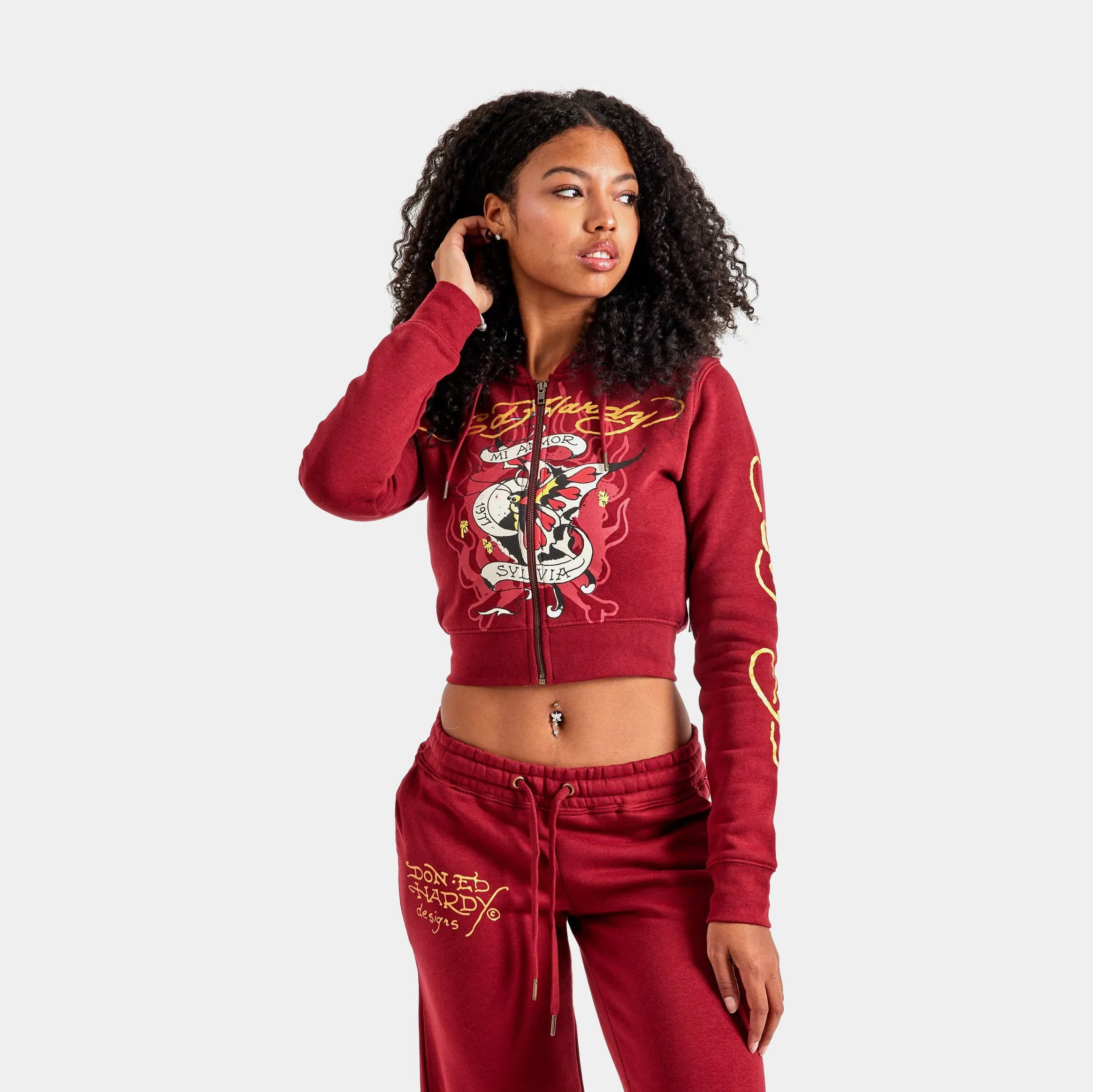 Amor Butterfly Full Zip Womens Hoodie (Burgundy/Black) Designer