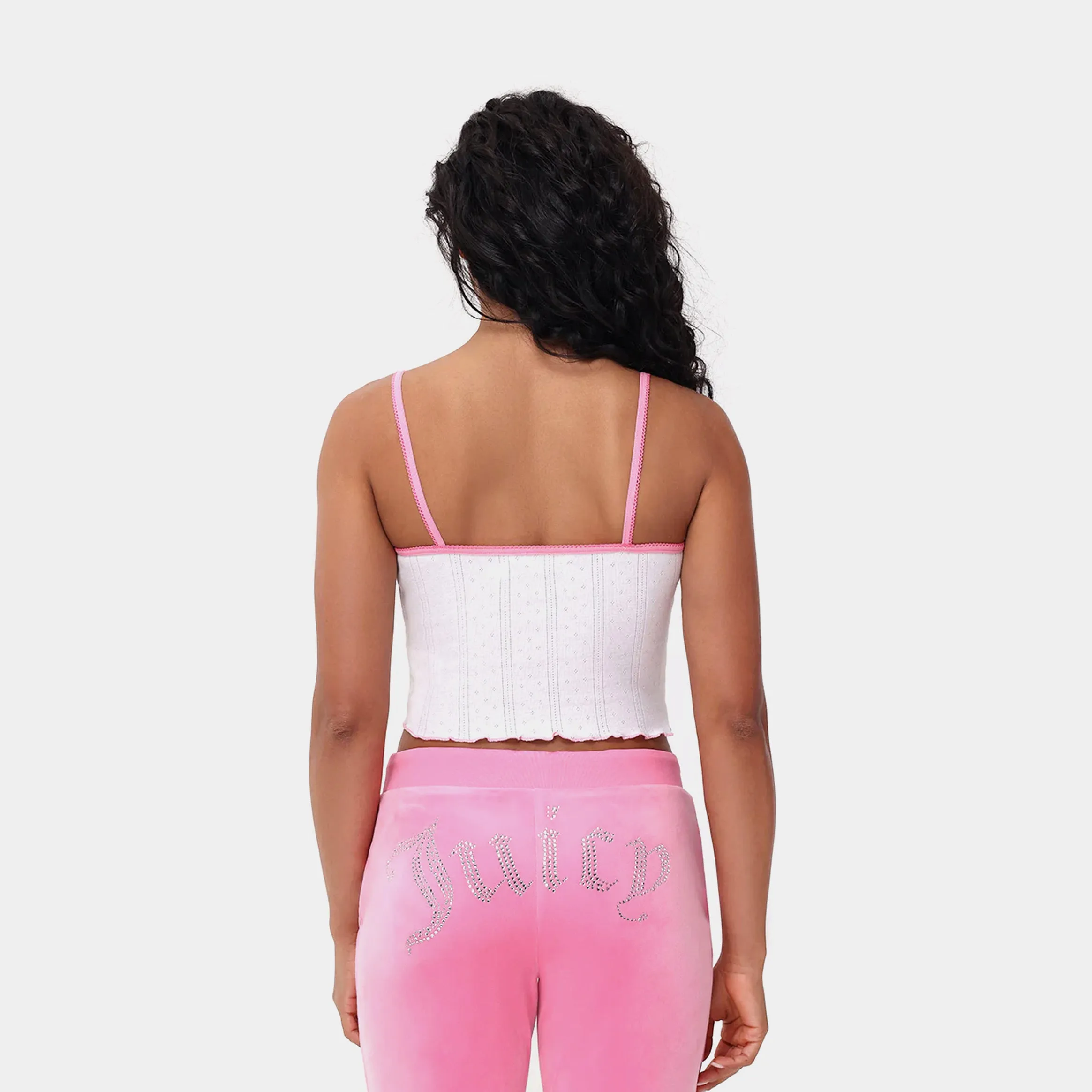 Pointelle Bow Cropped Womens Tank (White/Pink) Relax Vibe