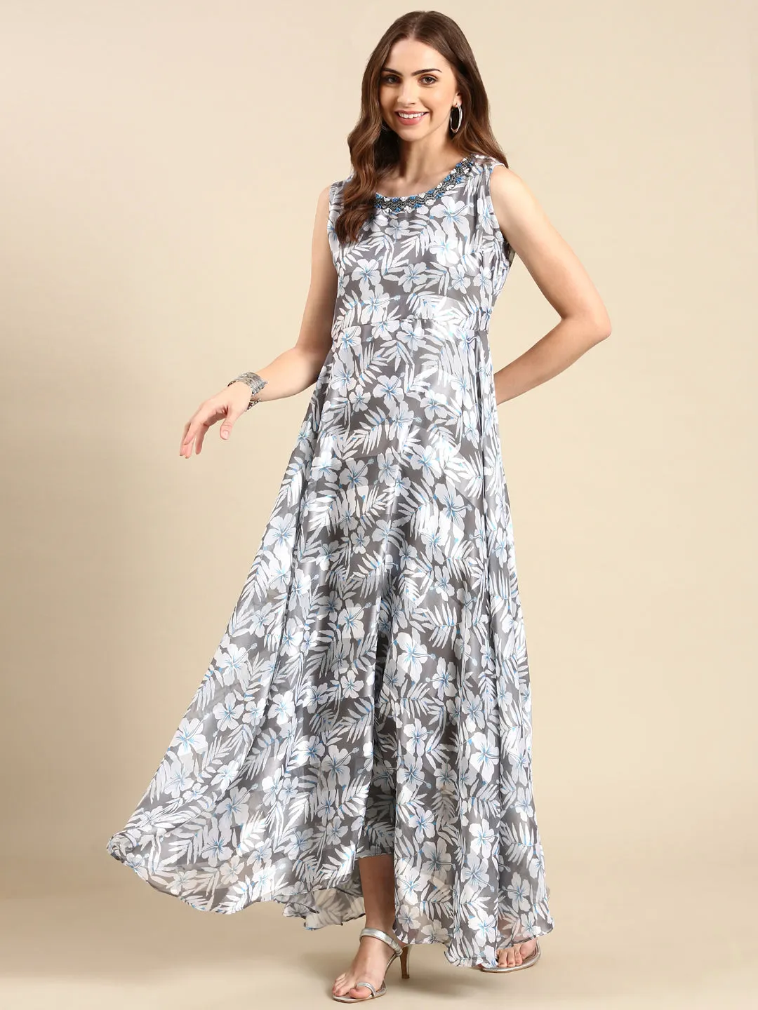 Women's Grey Floral Printed Chiffon Maxi Kurta Quiet Luxury