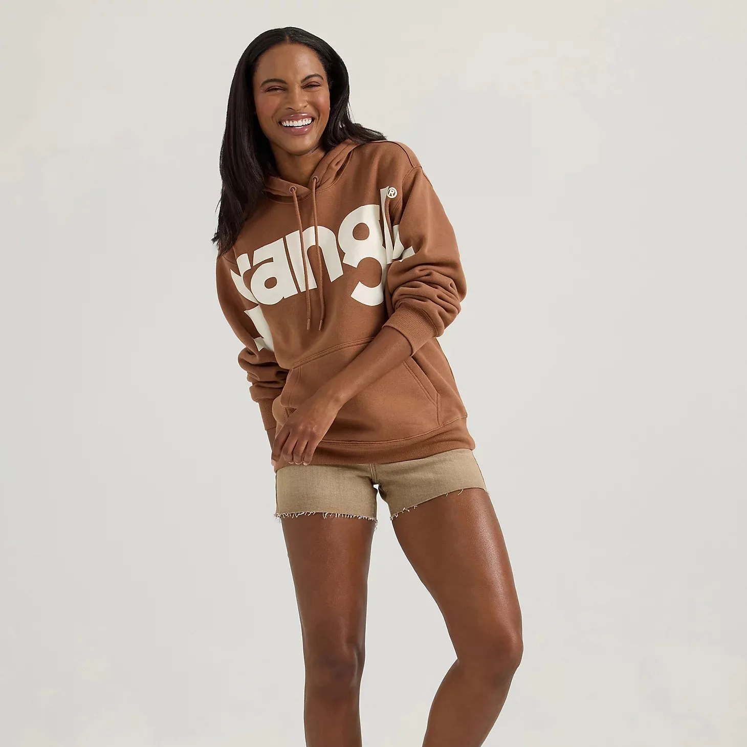 Drawstring Hood Wrangler Retro Women's Bold Logo Hoodie in Brown Cocoa